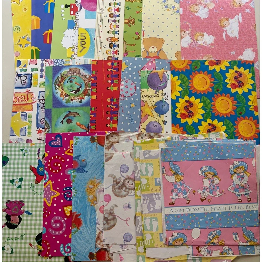 Lot Vintage Gift Kids Wrapping Paper Sheets 70s-90s Holly Hobbie Kittens Angels
